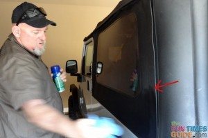 You can see how dirty the top part of the Jeep soft top is, compared to the bottom that's been cleaned with Clear View. photo by Lynnette at TheFunTImesGuide.com clear-view-jeep-soft-top-cleaner