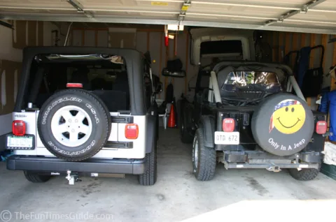 Our current Jeep Wranglers parked in our garage.